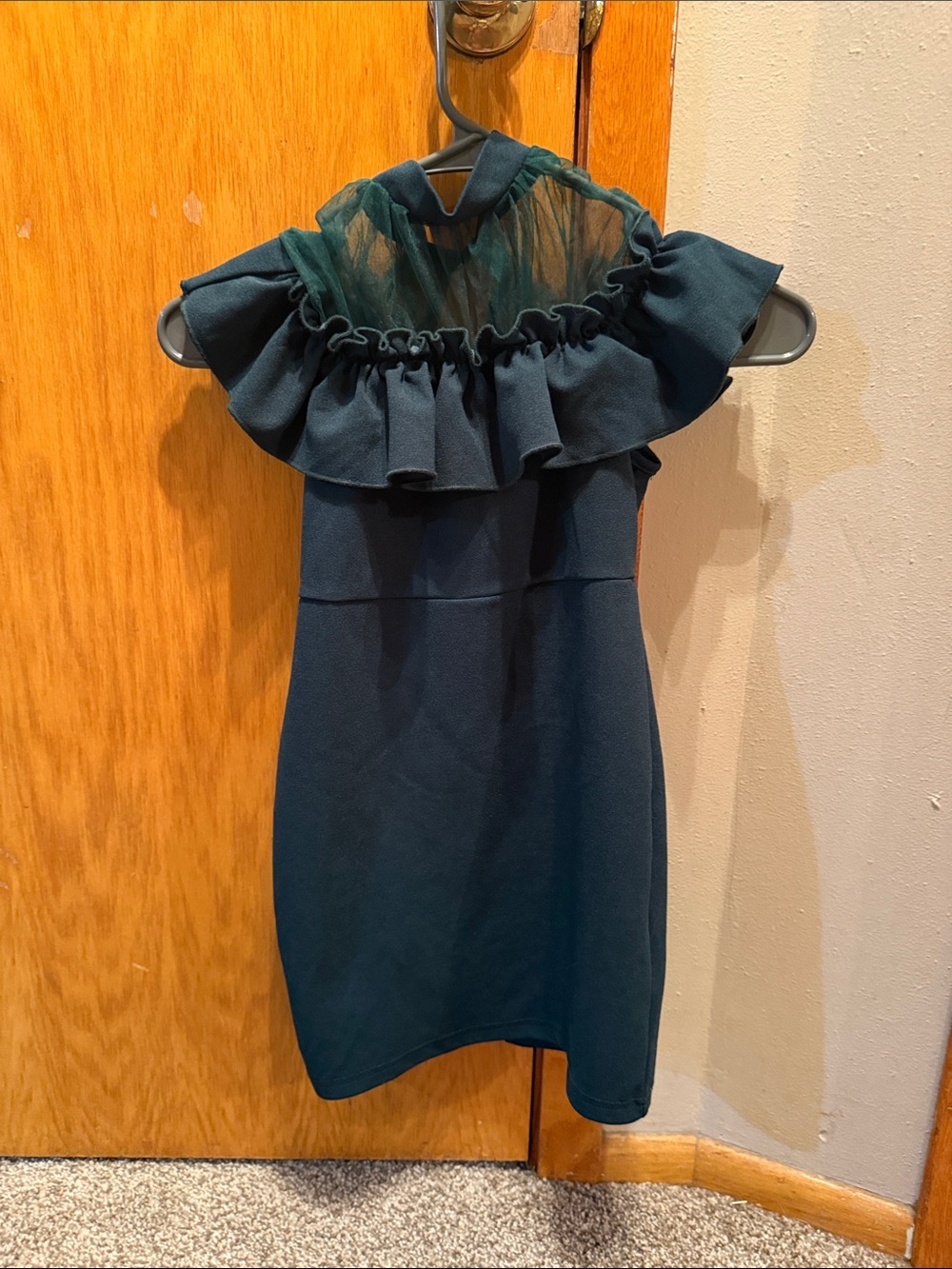 Sleeveless Ruffle Neck Sheath Dress in Deep Teal
